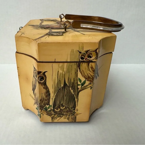 Wood Box 3D Decoupage Purse Octagon Brass Clasp Owls Vintage 60s/70s - Picture 3 of 16